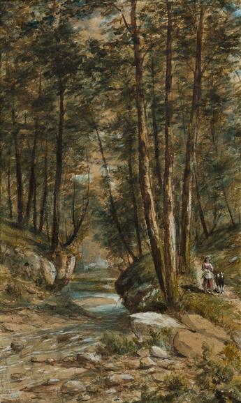 JEROME B. THOMPSON A Forest Scene with a Shepherdess on a Path by a Stream.
